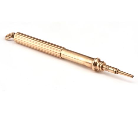 Morgan & Co pencil, with striated decoration 73mm long, tested as 9 ct. Condition Report:  Gross weight 22.4 grams Working or