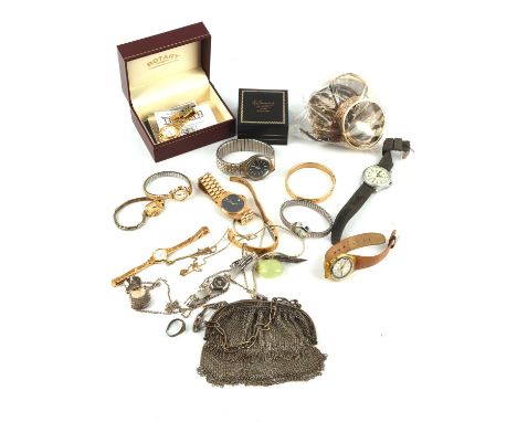 Watches and costume jewellery, including a silver chainmail purse, eleven watches, a polished silver locket with curb link ch