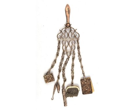 Victorian Chatelaine, with silver vesta case hallmarked Birmingham 1881, notebook , small epns chainmail coin purse, whistle 