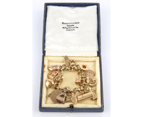 Charm bracelet stamped 18 ct, with 17 charms including an animal charm stamped 18 ct, love is blind spectacles case 14 ct, ho