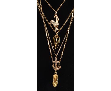 Four pendants and chains, including a cockerel pendant on a curb chain, length 46cm, an anchor pendant on a belcher chain, le