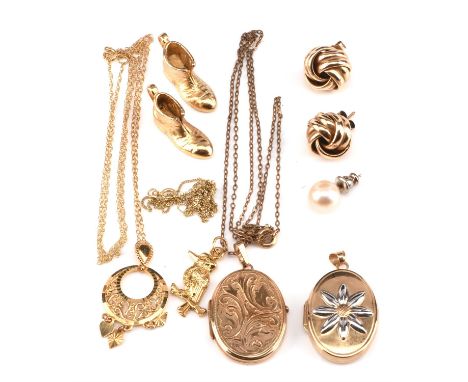 A group of gold items, including pair of knot earrings with post and butterfly fittings, a bird charm 20x12mm, two oval locke