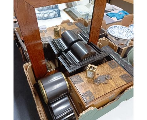 Three slate clocks, a carriage clock, a mirror and a wooden box