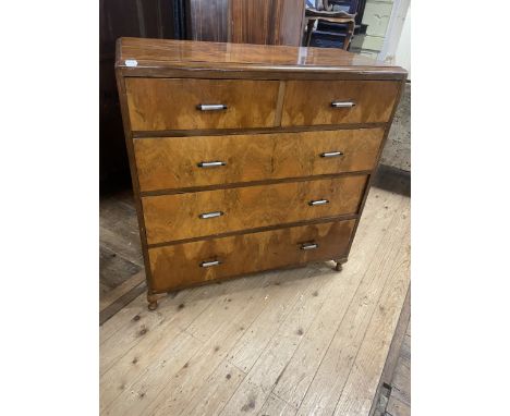 An Art Deco walnut chest of drawers, 108 cm widesome light knocks and scuffs to the top, rough areas to touch around the side