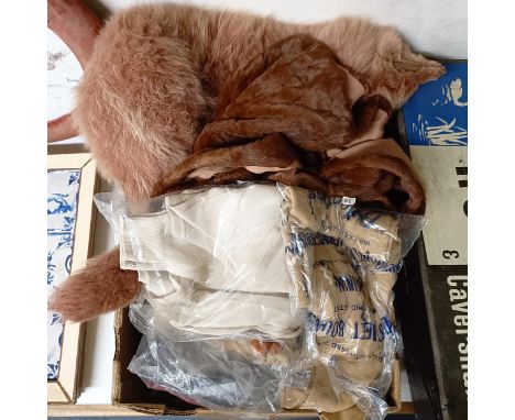 A pink fox fur stole, a mink shawl, assorted cashmere jumpers, still in packing, assorted pictures and other items (3 boxes)