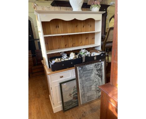 A painted pine dresser, 133 cm wide, a standard lamp, garden table with bench and other items (qty)