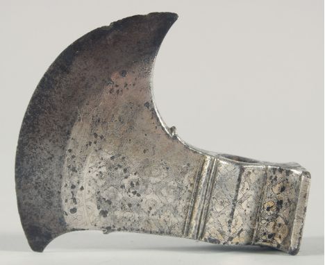 A FINE EARLY 19TH CENTURY NORTH INDIAN SILVER OVERLAID STEEL AXE HEAD, 12.5cm wide.