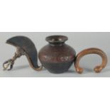 A MIXED LOT OF THREE METAL ITEMS, comprising an engraved and chased vase decorated with peacocks,