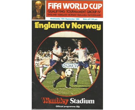 Football England v Norway vintage programme World cup qualifying match Wembley stadium 10th Sept 1980. Good condition Est. 