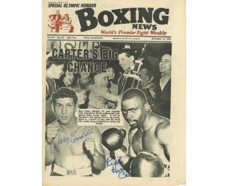 Boxing News vintage newspaper 16th Oct 1964 signed on the front by Joey Giardiello and Rubin Carter. Good condition Est. 