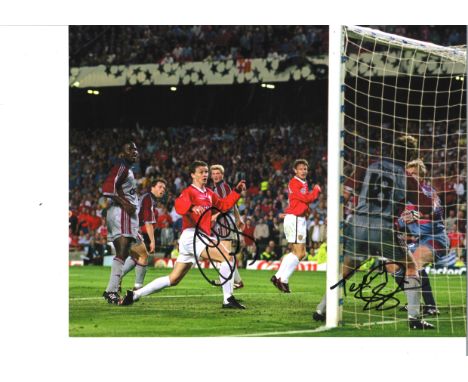 Football Ole Gunnar Solskjær and Teddy Sheringham 11x14 signed colour photo pictured scoring for Manchester United against Ba