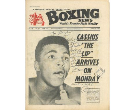 Boxing News vintage newspaper 24th May 1963 signed on the front by Muhammad Ali with inscription. -. Good condition Est. 