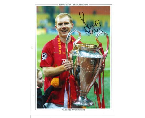 Football Paul Scholes 16x12 signed colour photo pictured hold the Champions League Trophy while playing for Manchester United