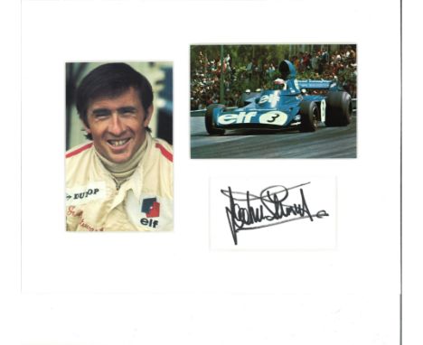 Jackie Stewart signature piece mounted below colour photo of him racing and alongside colour photo. Approx overall size 12x10