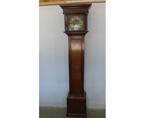 A modern longcase clock with a brass dial striking on a bell in a mahogany case - Height 202cm