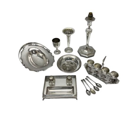 Collection of assorted silver plate, comprising four cup egg cruet, table lamp, bud vase, desk stand etc  