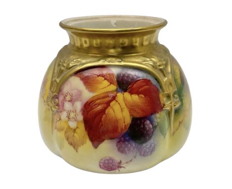 Royal Worcester pot pourri base, with embossed gilded shoulders, the body with hand painted autumn berries and leaves, signed