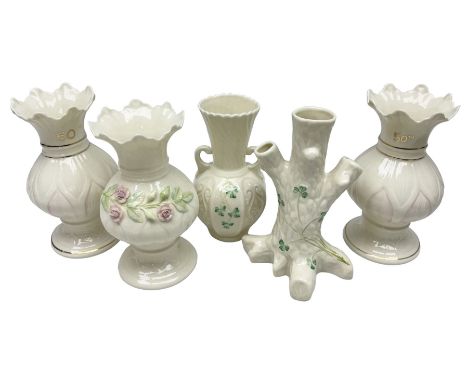 Five late 19th/early 20th century and later Belleek vases, comprising pair of Lotus Blossom examples, shamrock tree trunk vas