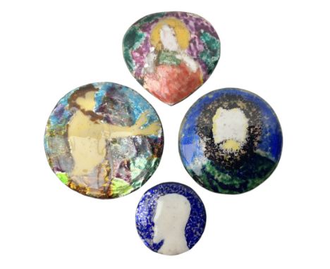 Henry George Murphy (1884-1939), four Arts &amp; Crafts enamel panels, of shield form of circular and oval form, each decorat