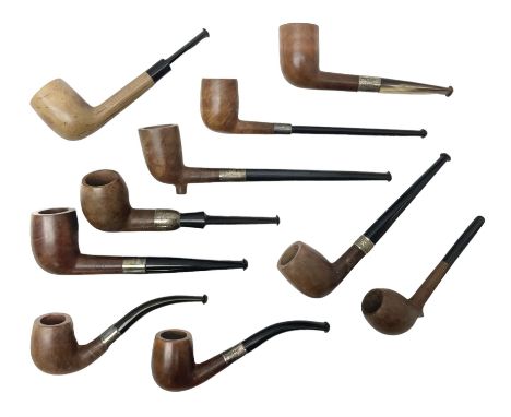 Collection of eight silver mounted pipes, comprising a briar wood Imperial ITC example with silver collar hallmarked A.W Birm