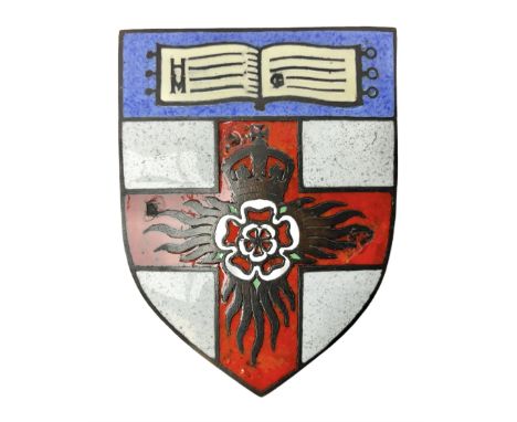 Henry George Murphy (1884-1939), Arts &amp; Crafts enamel panel, of shield form, decorated with a red cross, upon a white gro