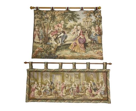 Two tapestry style panels, the first depicting Georgian scene of a gentleman serenading two ladies with a lute in a garden se