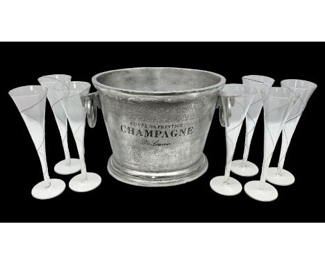 Aluminium champagne bucket detailed Cuvee de Prestige Champagne du Louvois, with twin ring handles, together with quantity of