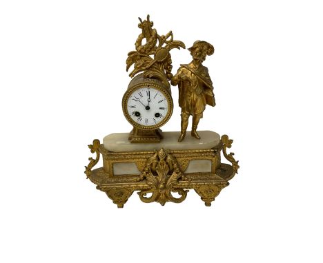 French - late 19th century 8-day spelter and alabaster mantle clock, with a pierced rectangular base and standing figure repr