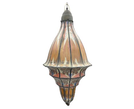 Arts and Crafts style pendant light fitting of stepped tapering form, decorated with stylised orange, brown, blue and red dec