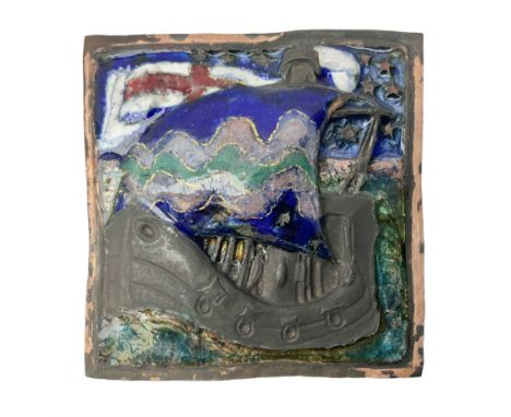 Henry George Murphy (1884-1939), large Arts &amp; Crafts enamel panel, of square form decorated with a stylised ship, upon a 