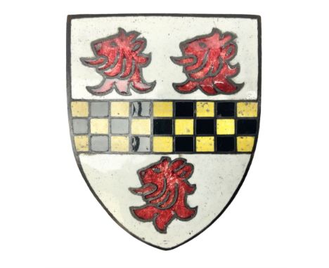Henry George Murphy (1884-1939), Arts &amp; Crafts enamel panel, of shield form, decorated with three red lions on a white gr