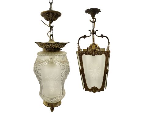 Gilt metal lantern, with frosted glass and foliate decoration, together with another lantern
