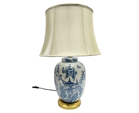 Table lamp of baluster form, decorated with a Japanese landscape on a white ground raised upon a gilt footed base, including 