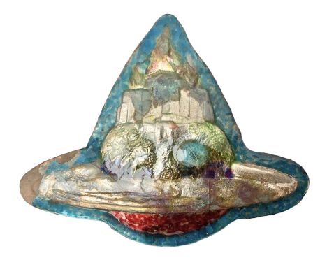 Henry George Murphy (1884-1939), Arts &amp; Crafts enamel panel, of stylised form decorated with a stylised temple on a hill,