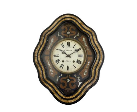 Bonnetou - 19th century French 8-day vineyard wall clock, with an ebonised and scumbled surround with mother of pearl and con