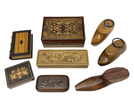 19th century snuff box in the form of a shoe with inlaid pinhead decoration, together with two snuff boxes in the form of clo