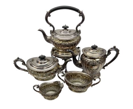 Early 20th century silver plate five piece tea and coffee service comprising teapot, coffee pot, sugar bowl, cream jug and sp