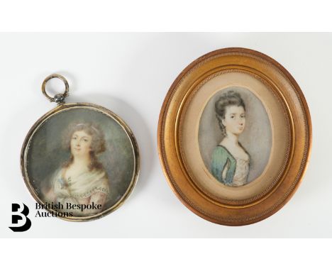 A Georgian portrait miniature of a lady, dressed in a green gown with her curls swept up, approx 40 x 50 mm together with ano