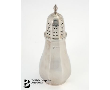 Victorian silver sugar shaker, Chester assay mark, dated 1884, mm William Hutton &amp; Sons, 19.5 cms h, 248.3 gms.&nbsp;