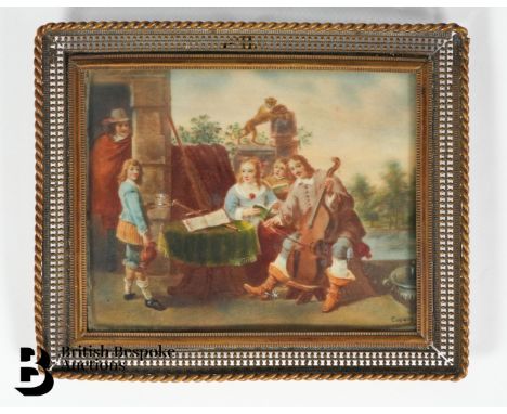 A late 18th/early 19th century portrait by Richard Cosway RA (1741-1821) of musicians performing in a courtyard, signed Coswa
