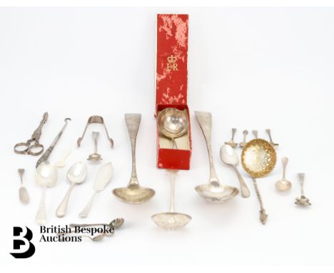 Two large silver ladles approx 33 cms in length; another sauce ladle, Victorian silver sugar sifter, various mustard and salt