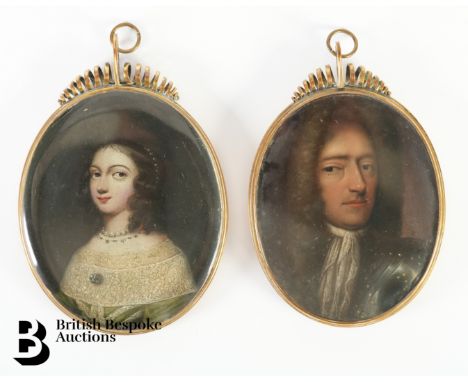 Two fine Continental late 17th century portrait miniatures, both oil on copper depicting a nobleman wearing armour and a nobl