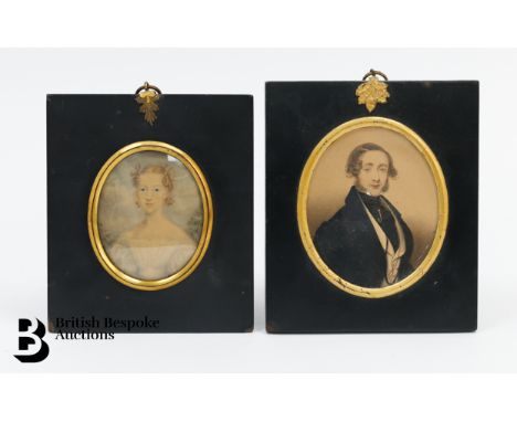 A Georgian oval portrait miniature watercolour on card, approx 60 x 75mm, together with a portrait miniature of an unknown ge