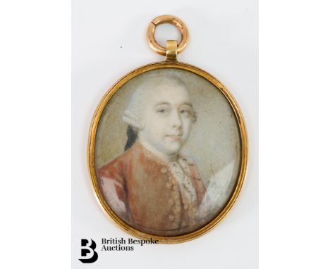 James Scouler (1740-1812) small circular George II portrait miniature of a gentleman, dressed in a red frock coat with stock,