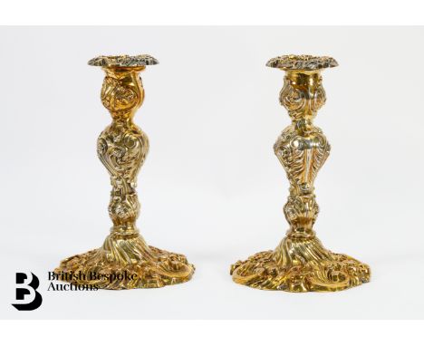 Pair of George IV silver gilt candlesticks, Sheffield dated 1823, mm Waterhouse, Hodson &amp; Co, approx 17 cms h, approx 700