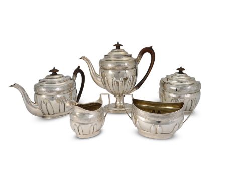 George III five piece silver tea set, comprising tea pot, water pot, tea caddy, cream jug and sugar basin, London assay mark 