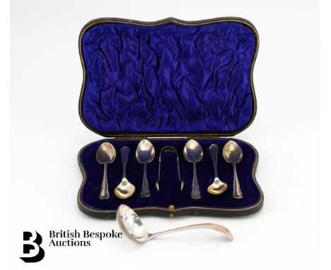 A velvet lined box containing six silver teaspoons and sugar nips, Sheffield dated 1912, mm William Hutton &amp; Sons togethe