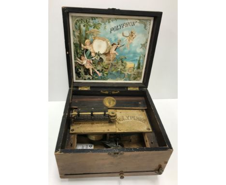 An early 20th Century walnut cased polyphon with nine discs comprising See-saw No. 84, Parisian Life No. 20, The Hussars Ride