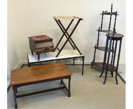 A collection of furniture to include two Edwardian Sutherland tables, a mahogany canterbury, the sectional top above single d
