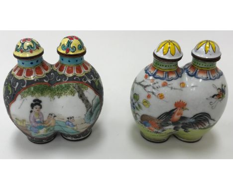 A collection of Chinese enamel on copper scent bottles including a double scent bottle decorated with mother and children in 